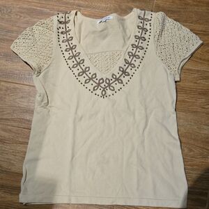Mercer Street Studio Beige Embroidered Short Sleeve Top